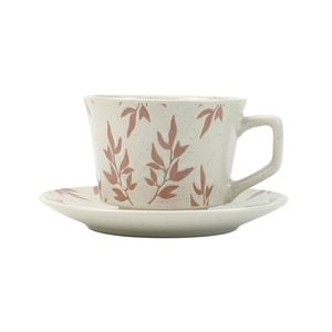 Lanci Aristo 380ml Earthy Red High-Fired Ceramic Stoneware Speckle Cup & Saucer Set with Tea Spoon Floral