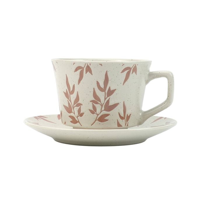 Lanci Aristo 380ml Earthy Red High-Fired Ceramic Stoneware Speckle Cup & Saucer Set with Tea Spoon Floral