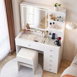 Advwin Dressing Table Stool Set Charging Station Lights Glass Tabletop Vanity Desk White