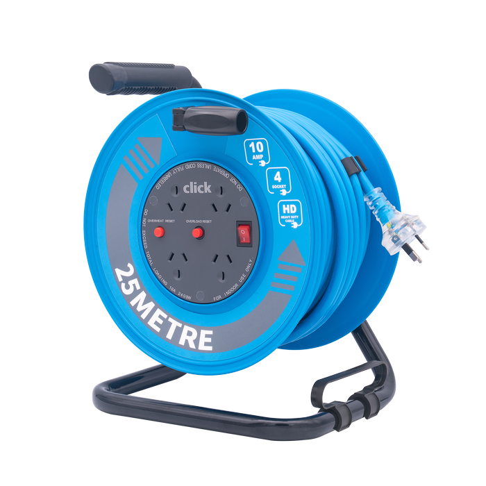 Click 25m Heavy Duty 4 Outlet Cable Reel - Blue