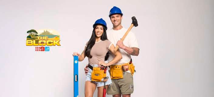 Chantel and Wyhatt The Block contestants with The Block logo next to them.