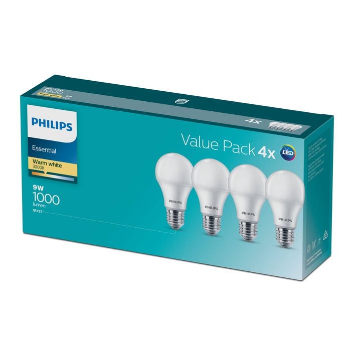 Philips A60 E27 LED 1000Lm Warm White 9W Globe - 4 Pack