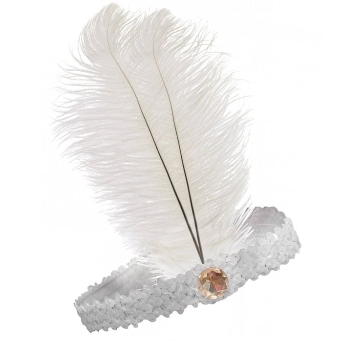 1920s FLAPPER HEADBAND Headpiece Feather Sequin Charleston Costume Gatsby Dance White