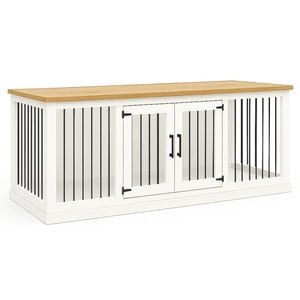 Paws and Willow Open Plan Arctic White with Natural Top Wooden Dog Crate Hinged Door with Bars