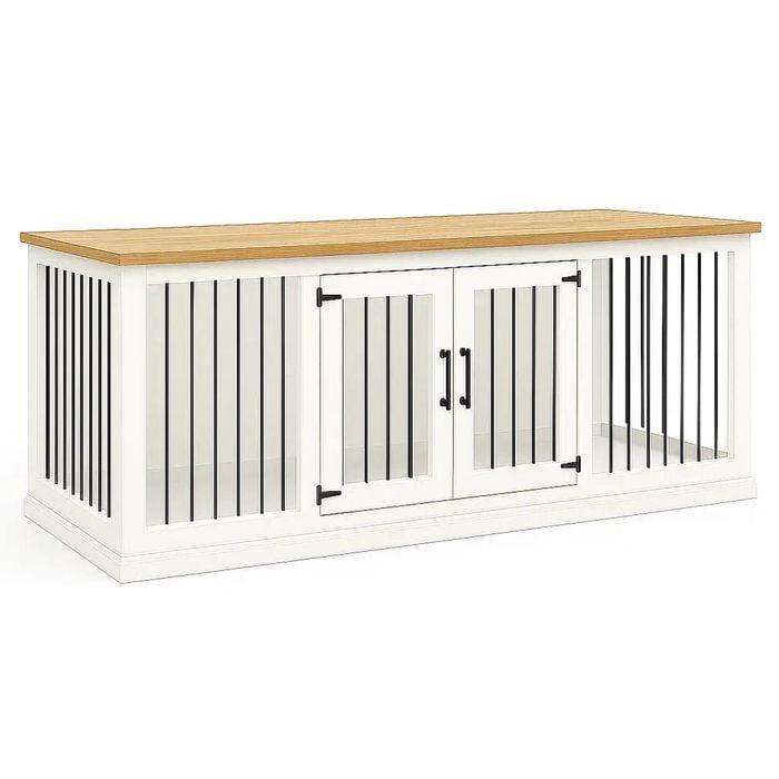 Paws and Willow Open Plan Arctic White with Natural Top Wooden Dog Crate Hinged Door with Bars