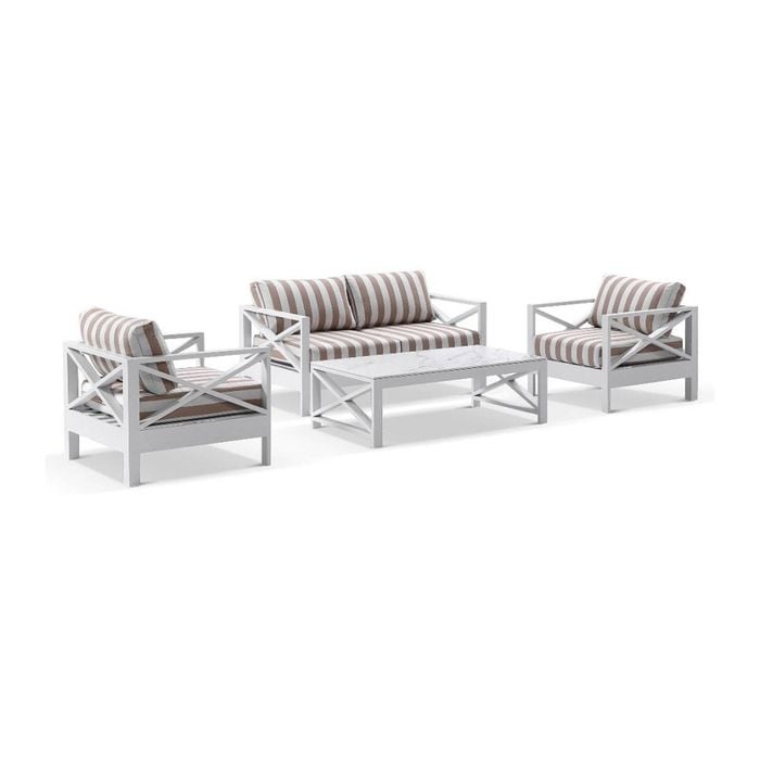 Kansas 2+1+1 Seater Outdoor Aluminium Lounge Set With Coffee Table In Sunbrella & Maxim Heather Beige Cushions