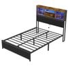 Ufurniture Double Bed Frame Mattress Base with LED light and Charging Station Industrial Storage Headboard