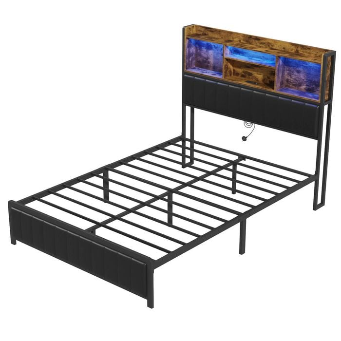 Ufurniture Double Bed Frame Mattress Base with LED light and Charging Station Industrial Storage Headboard