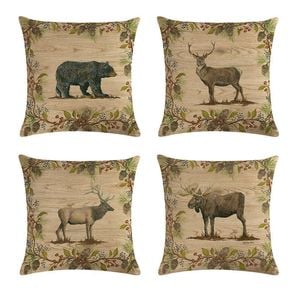 Catzon 4 Pcs Wildlife Animals Throw Pillow Covers Linen Pillowcase for Couch