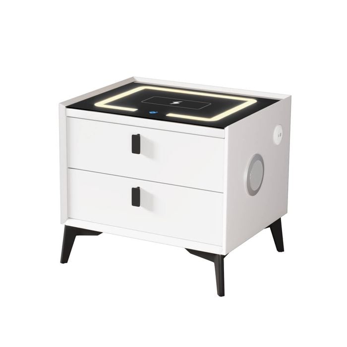 Oikiture Smart Bedside Table LED Wireless Charging 2 Drawers White