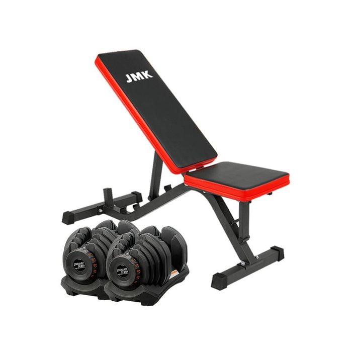 2x 40kg Powertrain Adjustable Dumbbells  Home Gym with Bench
