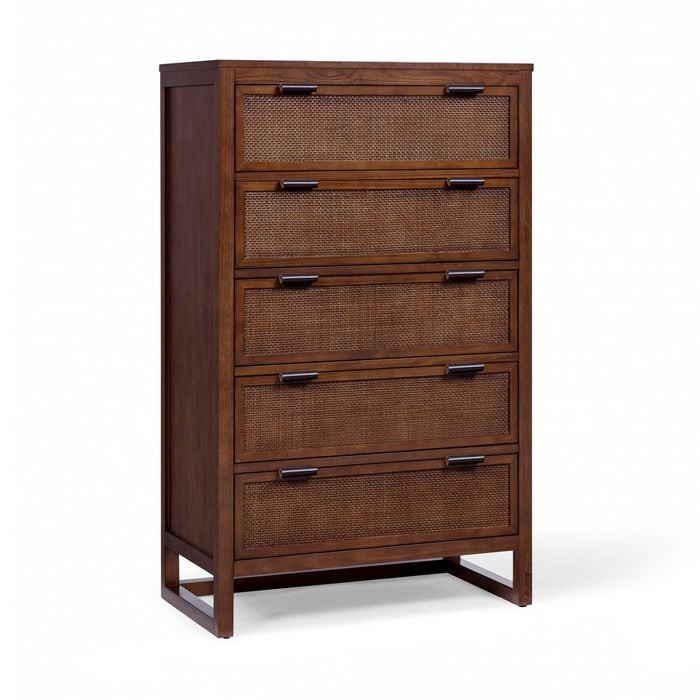 Teamson Home Hatteras Dresser with 5 Rattan Inlay Drawers, Walnut