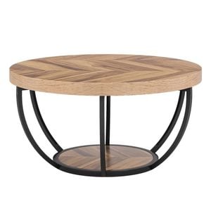 OAKORY 80cm Round Coffee Table with 5cm Thick Top and Arc Metal Base Wood Grain Finish