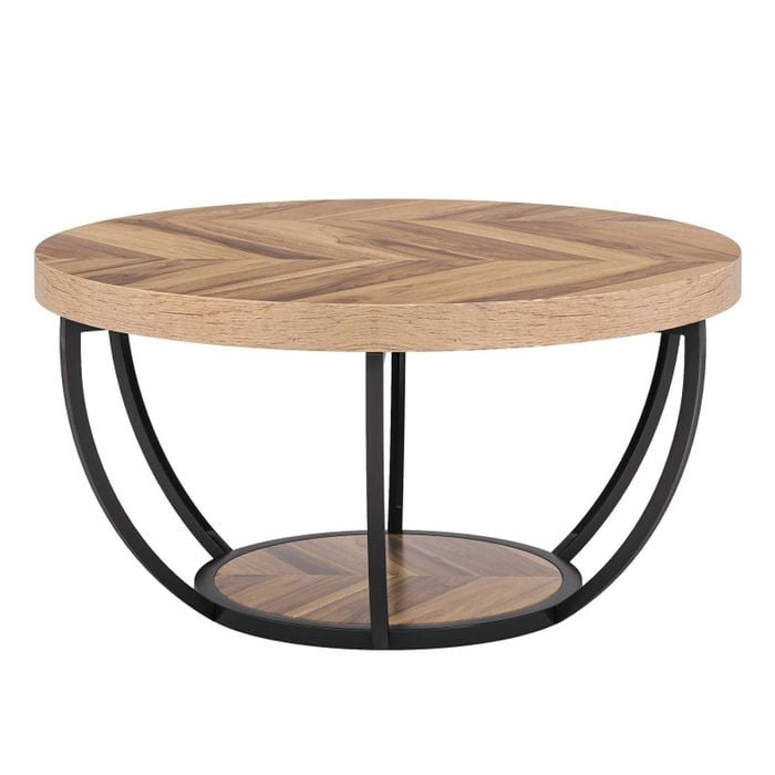 OAKORY 80cm Round Coffee Table with 5cm Thick Top and Arc Metal Base Wood Grain Finish