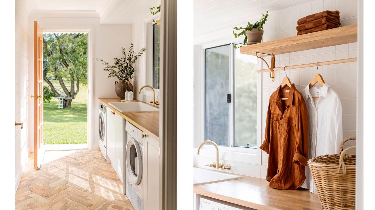 New laundry, with timber flooring and door, timber shelving over washing machine and hanging space clothing.
