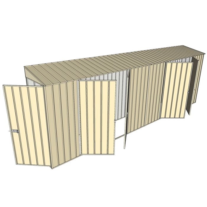 Build-a-Shed 0.8 x 6 x 2m Single Hinged Door Skillion Shed with Dual Double Hinged Side Doors - Cream