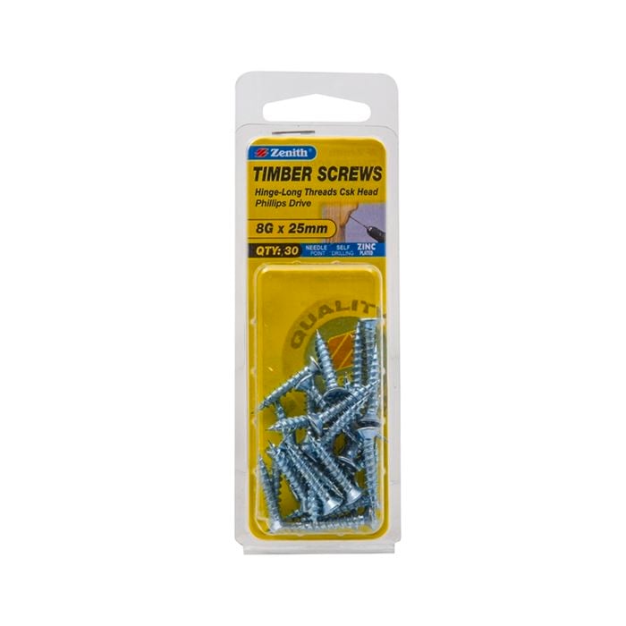 Zenith 8G x 25mm Zinc Plated Timber Screw - 30 Pack