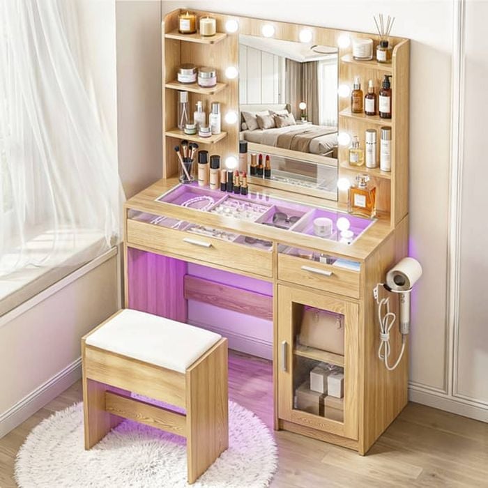 Homfurn Hollywood-style Dressing Table – Led Mirror With Rgb Drawers, Vanity Desk With Stool, Wood Finish
