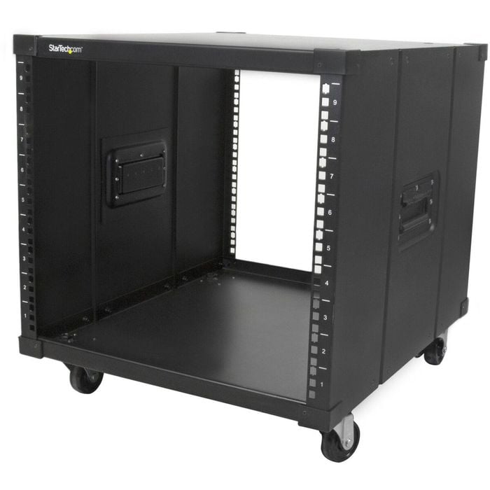 StarTech.com 4-Post 9U Mobile Open Frame Server Rack, 19" Network Rolling Rack for Narrow Spaces