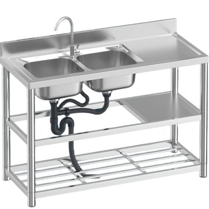 stainless steel  double sink freestanding 120 x 50 x 80 cm with left hand sink bowl
