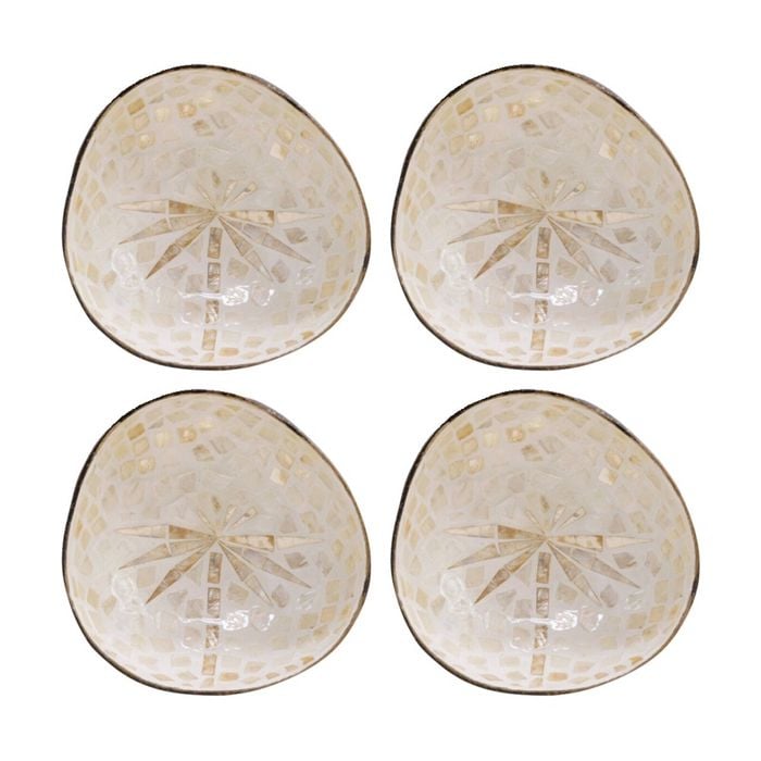 4pk Lvd Palm Tree Natural Decorative Round Coconut Capiz Bowl Decor 13x13x6cm
