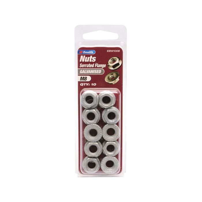 Zenith Serated Flange Nut M 8 Galv 10pk