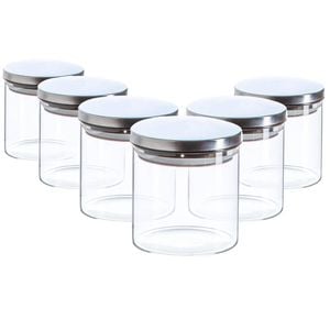 Argon Tableware Glass Storage Jar - Silver Lid - 550ml - Modern Round Scandi Organisation Container Glass Jar - Set Of 6