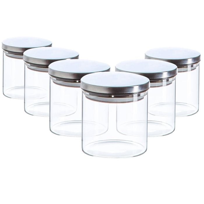 Argon Tableware Glass Storage Jar - Silver Lid - 550ml - Modern Round Scandi Organisation Container Glass Jar - Set Of 6