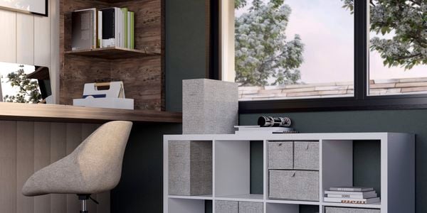1 x 4 cube storage white unit with a grey fabric inserts in a modern office