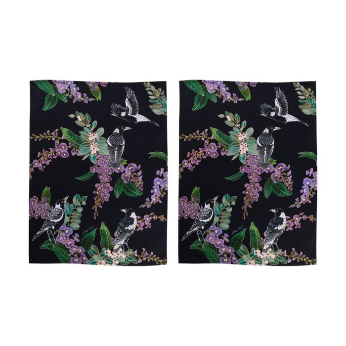2x Maxwell & Williams Eloise Short Native Grace Magpie Cotton Tea Towel 50x70cm