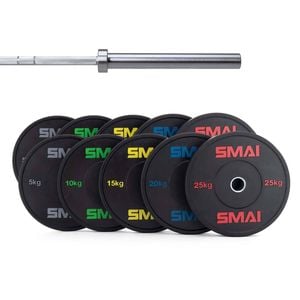 Smai 170kg Hd Bumper Plate Set Inc 20kg Barbell - 20kg Chrome Barbell