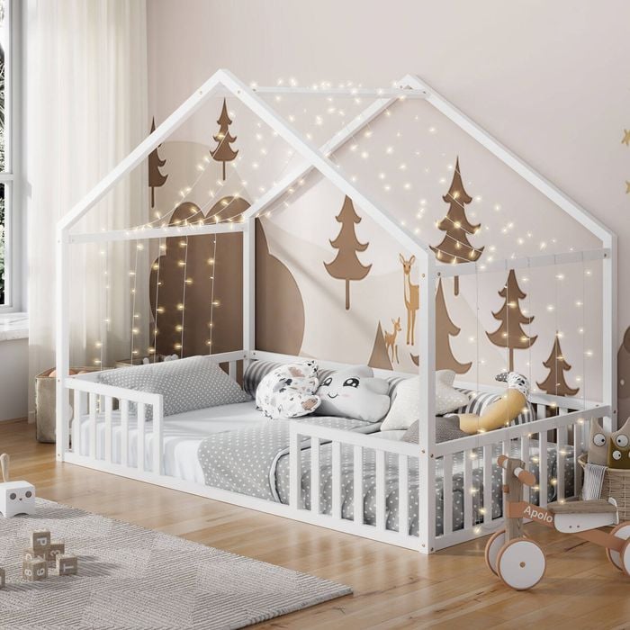 Oikiture King Single House Bed Kids Wooden Bed Frame White