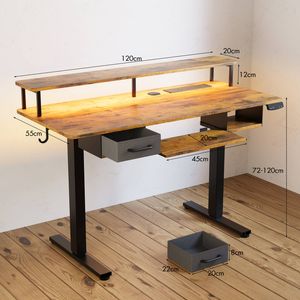 Ufurniture Electric Standing Desk with Power Outlets LED Light Keyboard Tray Monitor Stand Rustic Brown