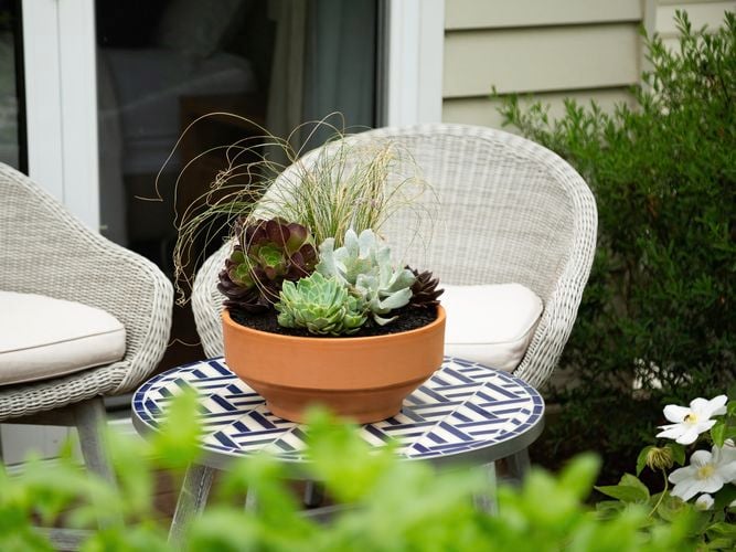 Terracotta pot on a table in an outdoor setting.