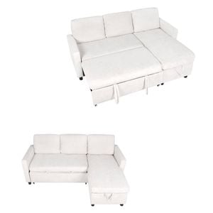 Ufurniture L Shape Convertible Sleeper Sofa Bed Chenille Pull Out Couch Bed w/ Storage Chaise Beige