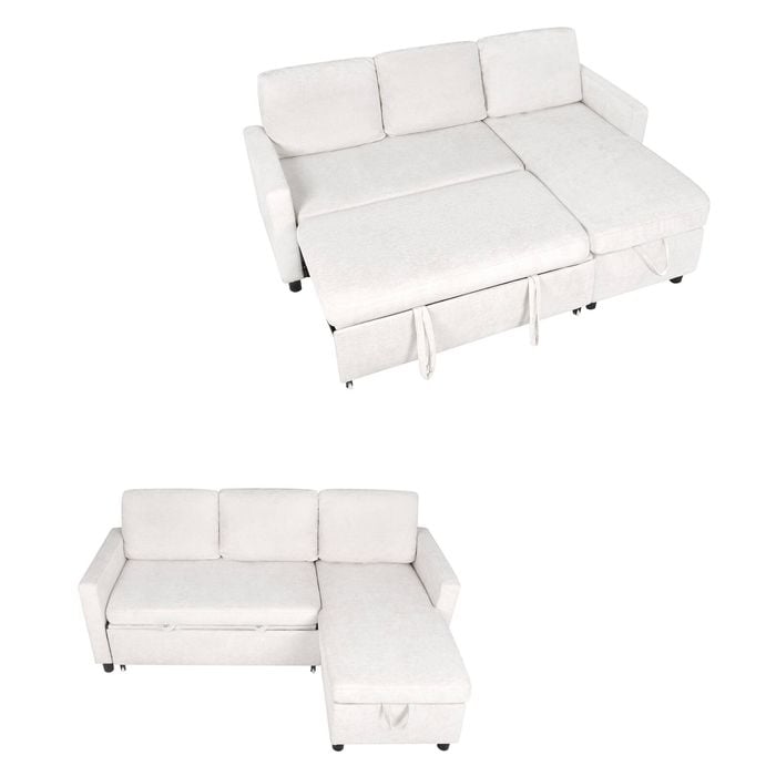 Ufurniture L Shape Convertible Sleeper Sofa Bed Chenille Pull Out Couch Bed w/ Storage Chaise Beige