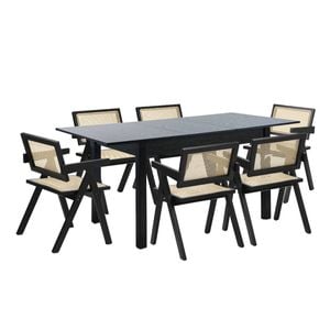 Oikiture 7pc Extenable Dining Table and Chairs Wooden Dining Set Ratten Black