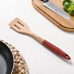 Gourmet Kitchen Rustic Beech Wood Slotted Spatula With Silicone Grip Red 35x6.1x3cm