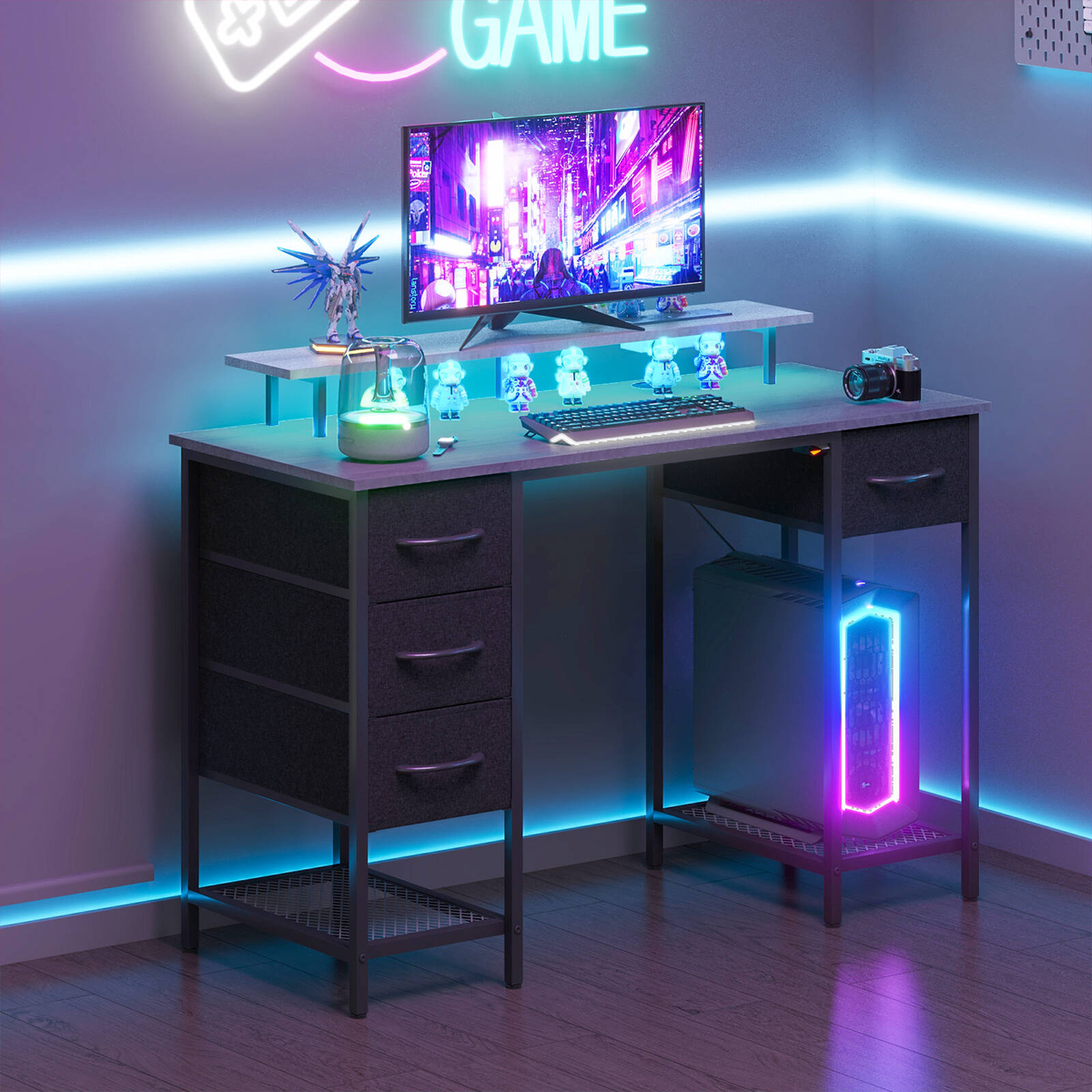 Advwin Computer Desk 120cm Gaming Desk with LED Lights & Power Outlets
