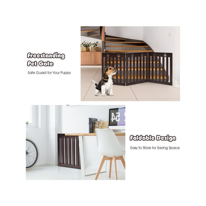 Costway 3 Panel Pet Safety Fence Wood Security Gate Brown