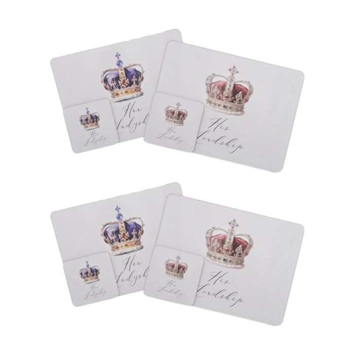 2pk 4pc Lesser & Pavey Lordship Ladyship Placemat Coaster Set White