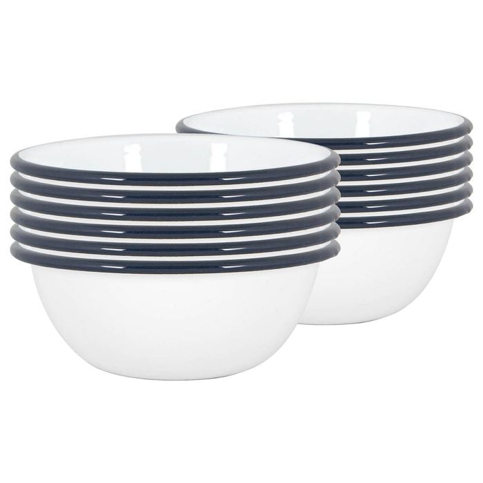 Argon Tableware 16cm Coloured Enamel Bowls - Set Of 12 - Navy Lightweight Metal Camping Serving Bowls For Snacks, Pasta, Salad