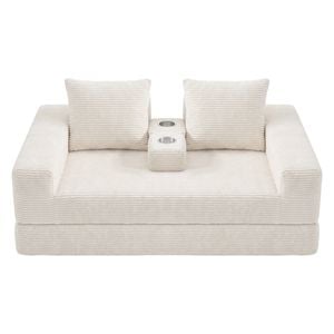 Ufurniture 160cm Convertible 2 Seater Sofa Bed W/ 2 Pillow Side Pocket Cupholder No Assembly Corduroy Loveseat Sofa Beige