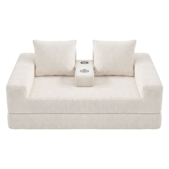 Ufurniture 160cm Convertible 2 Seater Sofa Bed W/ 2 Pillow Side Pocket Cupholder No Assembly Corduroy Loveseat Sofa Beige