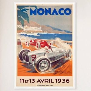 Galrie Monaco Grand Prix 1936 Vintage Racing Art Poster Perfect for Collectors, White Frame, 70 x 100cm (28 x 40inch)