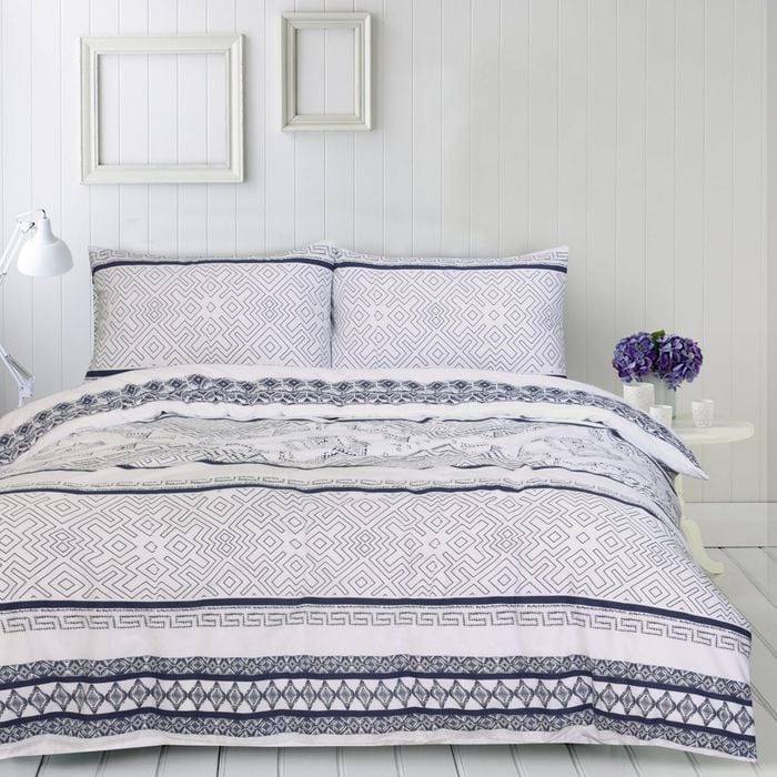 Amsons 100% Cotton Double Quilt Cover Set With Extra Standard Pillowcases - New Hampton- White/Blue