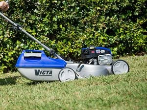 Push lawn mower in backyard