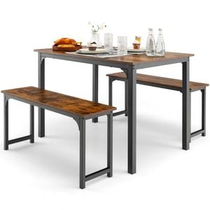 Costway 3pcs Wood Dining Table & Chairs Set Dining Furniture Set Steel Frame W/2 Benches Rustic Brown