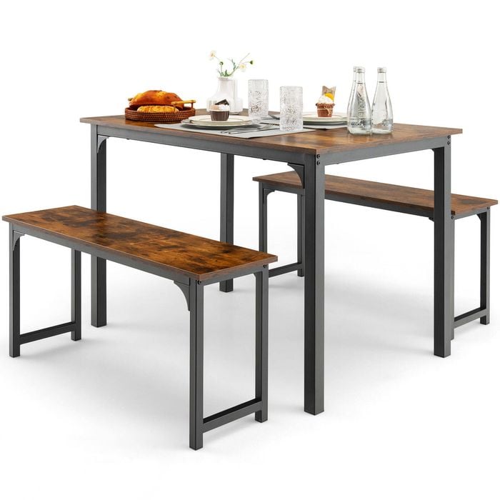 Costway 3pcs Wood Dining Table & Chairs Set Dining Furniture Set Steel Frame W/2 Benches Rustic Brown