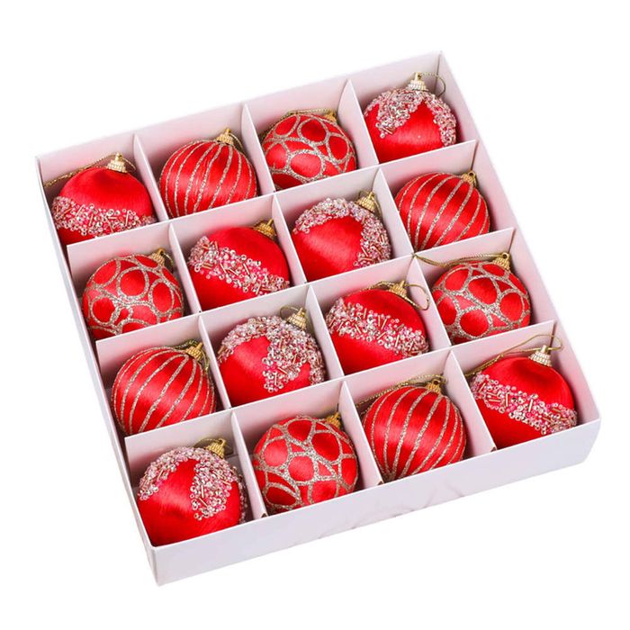 Catzon 16 Pcs Shiny Christmas Baubles Silk Wrapped with Rhinestone Sequins for Party Decor-Red